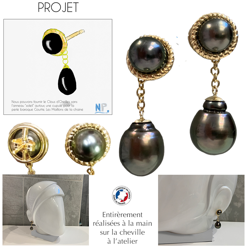 Boucles d'Oreilles Or 18k & perles de Tahiti 2 spheriques AAA 2 baroques realisees 100% à la main sur le cheville à l'Atelier